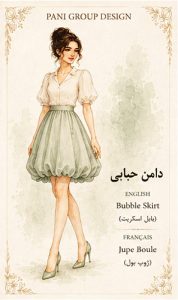 راهنمای جامع انواع دامن در طراحی لباسBubble Skirt فرانسوی Jupe Boule تلفظ انگلیسی بابِل اسکرِت تلفظ فرانسوی ژوپ بول تاریخچه در دهه ۱۹۵۰ و سپس در دهه ۱۹۸۰ دوباره محبوب شد. ویژگی ساختاری لبه دامن به داخل جمع میشود و حجم گرد ایجاد میکند. مفهوم بازیگوشی حجم فانتزی مناسب برای لباس مهمانی کالکشن جوانان لباس فشن