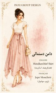 دامن دستمالیانگلیسی Handkerchief Skirt فرانسوی Jupe Mouchoir تلفظ انگلیسی هَندکِرچیف اسکرِت تلفظ فرانسوی ژوپ موشواغ تاریخچه از فرم افتادگی پارچههای سبک الهام گرفته است. ویژگی ساختاری لبههای نامنظم و زاویهدار دارد. مفهوم حرکت آزادی سبک بوهمین مناسب برای لباس تابستانی لباس ساحلی استایل بوهو